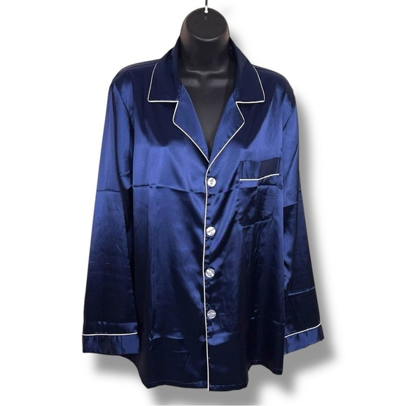 Medium Blue Satin Button Front Pajama Top Long Sleeve Glam - Picture 1 of 11